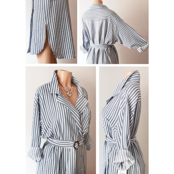 Zara Blue Stripe Belted Wrap Button Shirt Dress - Picture 5 of 8
